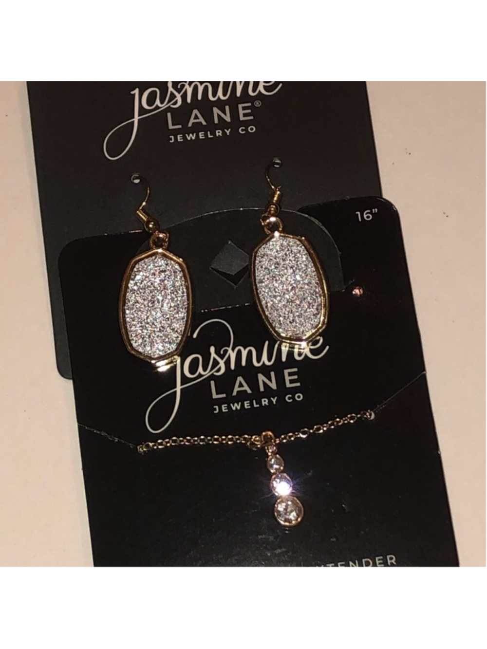 Jasmine Lane Gold Tone Dainty Necklace and Silver Faux Druzy Earrings